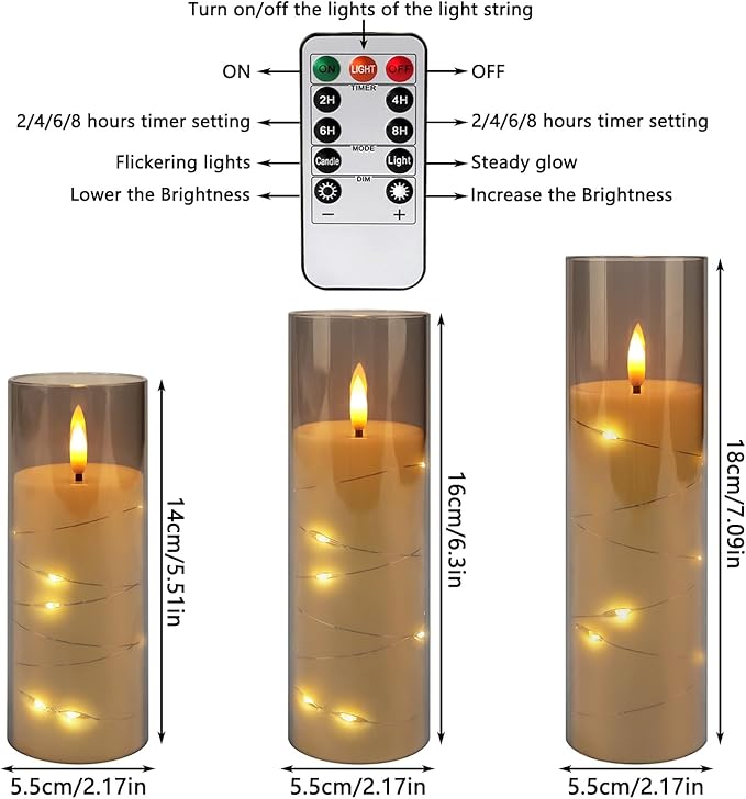 12-Pack Gray Acrylic Flameless LED Candles with Embedded String Lights - Remote Control for Holiday & Home Decor,Weeding.