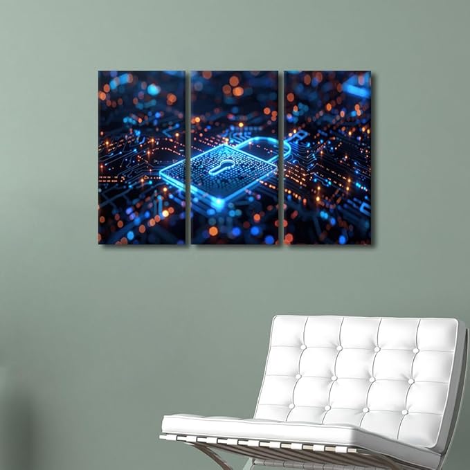 3 Pieces AI Wall Art AI Intelligence Picture Prints on Canvas Giclee Artwork Wall Decor Security Lock Symbol Framed Art Prints Modern Home Office Room Wall Decor Stretched Ready to Hang, 36" Wx24 H