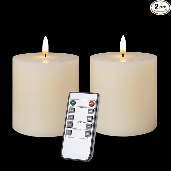 Flameless Candles Set of 2 (3x3 inch) Flickering LED Real Wax Candles Battery Operated with Remote Control Timers for Fireplace Bedroom Livingroom Party Dimmable Ivory Pillars Flat top