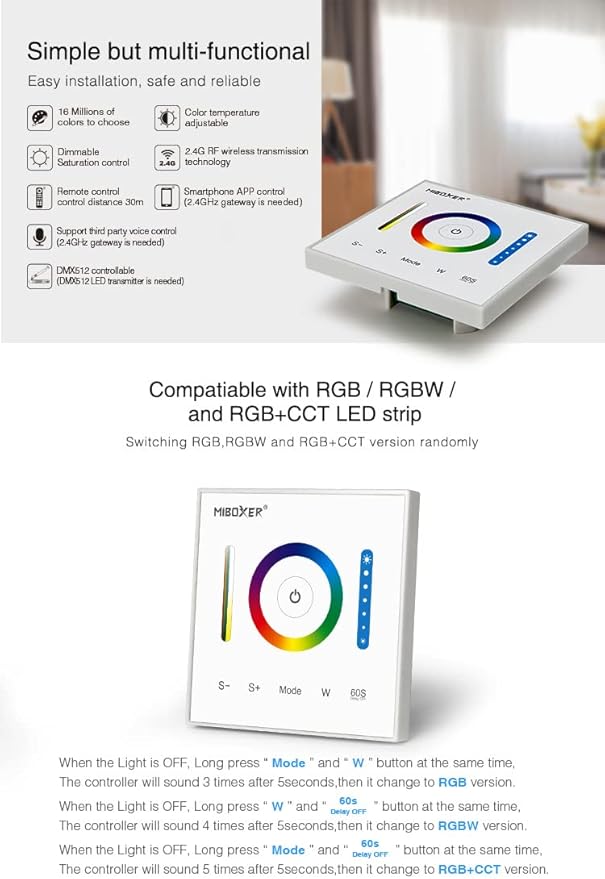LGIDTECH P3 Wall-Mounted Full Touch Panel Controller for 3528 5050 2835 RGB RGBW RGB+CCT Dimmable Color Changing LED Strip Lighting DC 12-24V 10A 120W 240W.Support Voice and DMX512 Control