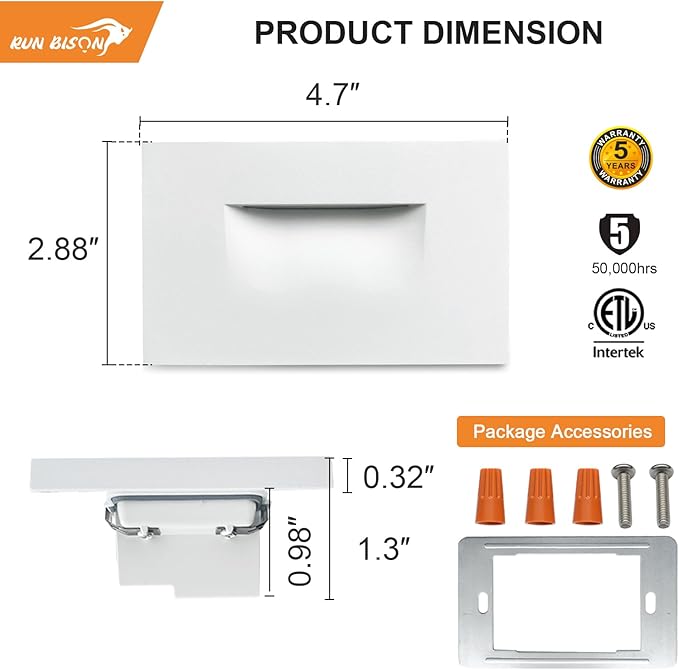 Horizontal Step Lights, 5CCT Selectable, IP65 Waterproof, 3W 100LM, 120V LED Stair Lights Indoor Outdoor, 10%-100% Dimmable, White, ETL Listed - 12PK
