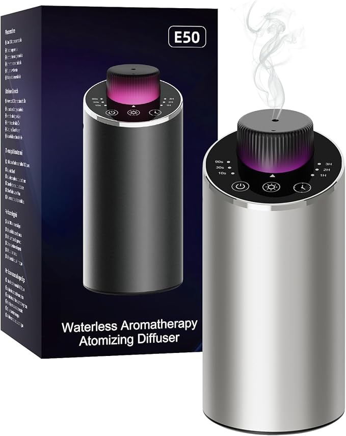 Waterless Essential Oil Diffuser Aromatherapy Scent Diffusers for Home Large Room, Bedroom, Car, Office, Desk, Battery Operated Mini Portable Air Freshener, 3 Countdown Timers & 3 Mist Levels, Silver