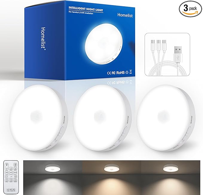 Homelist 3 Pack 1500mAh Upgraded Ultra Bright Motion Sensor Lights Indoor, Rechargeable Puck Light with Remote, Battery Operated Sensor Night Light for Stairs, Cabinet, Bedside, Closet