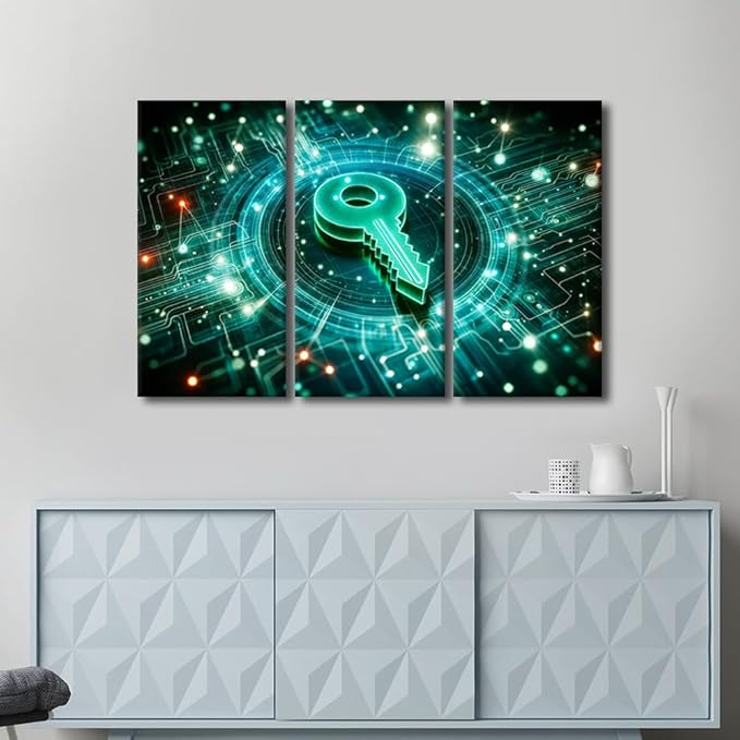 TUMOVO 3 Pieces Artificial Intelligence Wall Art Key Icon on Digital Circuit Board Background Pictures Print On Canvas for Living Room Bedroom Wall Decoration, Ready to Hang, 42" Wx28 H