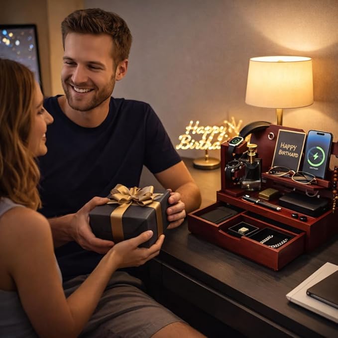 Nightstand Organizer for Men with Large Drawer, Wood Phone Docking Station for Phone, Apple Watch, Wallet & Keys, Ideal Birthday Gift for Father Husband, Bedside Desk Organizer (Mahogany)