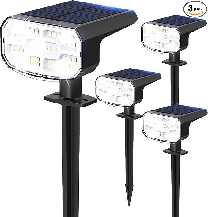 Solar Lights Outdoor Waterproof IP65, Super Bright LED, 6500K 2 Lighting Modes, Solar Powered Yard Garden Solar Spot Lights for Outside Landscape Auto On/Off -4 Pack