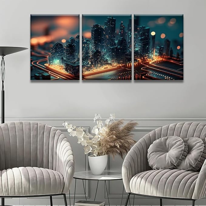 Bedroom Wall Decor 3 Panel Smart City on Circuit Board Artwork Print on Canvas for Living Room Bedrooms Wall Decorations, Wooden Framed Gallery-Wrapped Ready to Hang 12x16inchx3