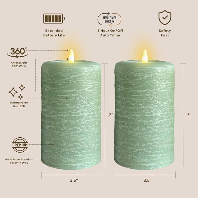 LumiPur Signature Natural Glow Flameless Wax Pillar 2 Pack LED Candle 3.5" x 7" Sage Green