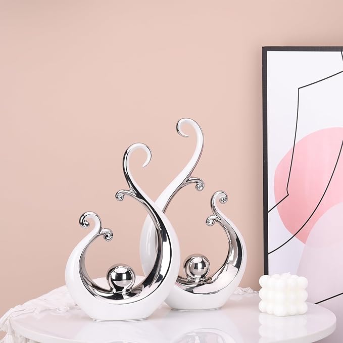 DOVDOV White and Silver Ceramic Abstract Statues Set of 2, Modern Art Deco Accents, Unique Home Decor, Coffee Table Decor, Shelf Decor, Room Decor, Coffee Table Decor Aesthetics.
