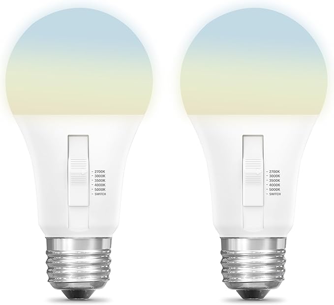 Feit Electric A19 LED Light Bulb, 75W Equivalent, Dimmable, Color Selectable 6-Way, 5CCT, E26 Medium Base, 90 CRI, 1100 Lumens, Damp Rated Lightbulb, 22-Year Lifetime, OM75DM/6WYCA/2, 2 Pack