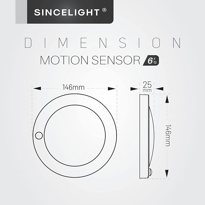 SINCELIGHT PIR Motion Sensor 7W LED Ceiling Light (Φ6''/146mm), Automatically ON/Off, Movement Activated, Cool White 6000K, Surface/Flush Mount for Closet,Cabinet,Hallway, Damp Use, Pack of 1