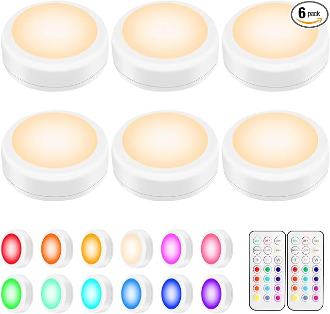 Alivation Led Under Cabinet Lighting Battery Operated Light, 6 Puck Lights with Remote Control, 13 Color Changing Stick on, Touch Push Tap Lights for Kitchen, Closet, Bookshelf, Stair, Display