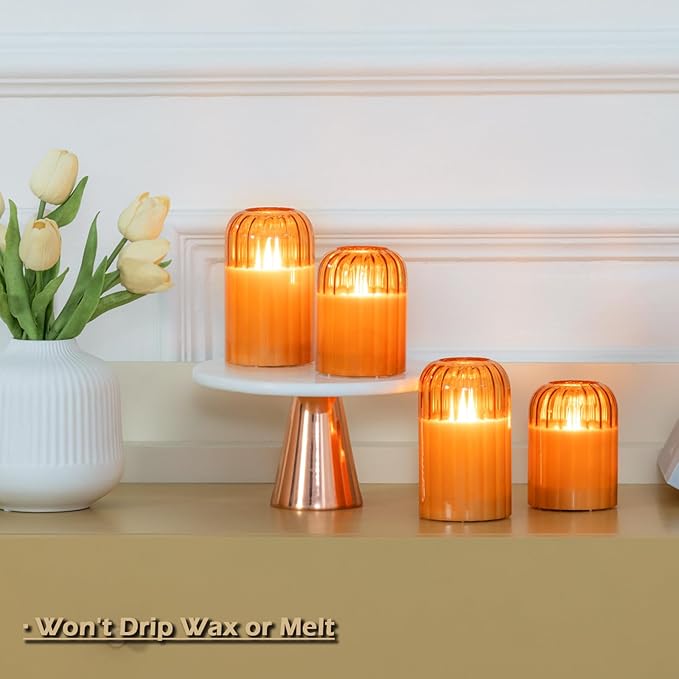 Lezonic Glass Flameless Candles Battery Operated with Remote, Dancing Flame LED Flickering Flameless Pillar Candles, Set of 4 Real Wax Fall Decorations for Home, H: 4" 4" 5" 5"(Pumpkin Orange)