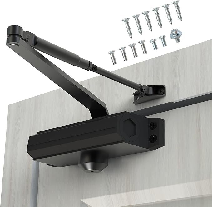Automatic Door Closer Heavy Duty Fire Prevention Spring Hydraulic Aluminum Alloy Surface Mounted Residential Commerical Door Closer (Black, Size3-Door Weights 187-231 Lbs)