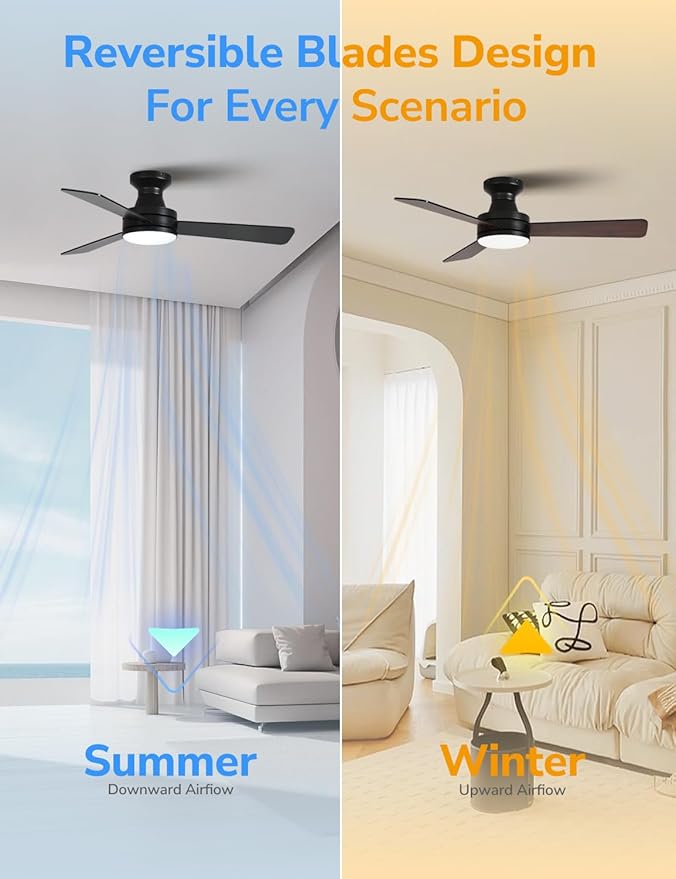 Orison Ceiling Fans with Lights 42 Inch, Low Profile Flush Mount Ceiling Fan, RGB Backlight & Dimmable Lighting, Remote & App Control, 6 Speeds, 3 Reversible Blades, Black/Wood