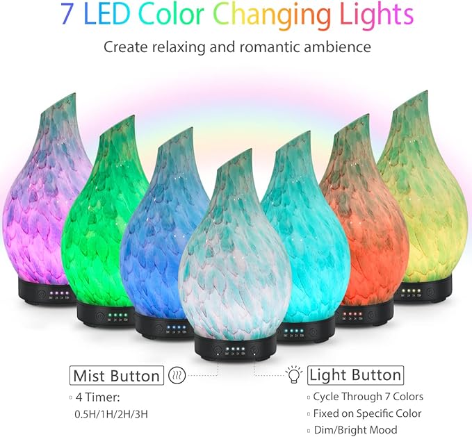 Essential Oil Diffuser 120ml Ultrasonic Aromatherapy Diffuser with Handmade Glass BPA Free, Auto Shut-Off 4 Timer Setting 7 Colors Changed LED for Home Yoga Office (Cobblestone)