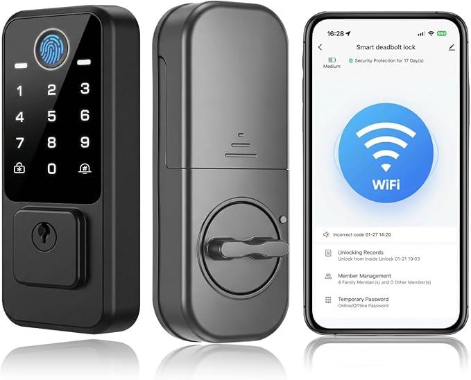 Smart Door Lock with Built-in WiFi - Keyless Entry Door Lock for Front Door, Fingerprint Door Lock with App Control, 5-in-1 Touchscreen Deadbolt with 6 Keys & 2 NFC Cards, Auto Lock