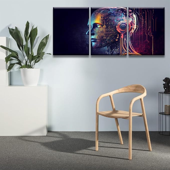 LSIUHWUWI Modern Wall Art 3 Panel Wall Art Humanoid Head with Blue and Yellow Eyes Pictures Print On Canvas Wall Decor for Living Room, Wooden Framed Ready to Hang 12x16inchx3