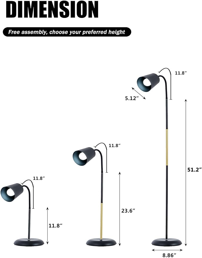 AoMck Floor Reading Lamp, Industrial Metal Floor Lamps for Living Room with Adjustable Bendable, 2 in 1 Reading Table Lamps for Living Room Bedroom Office, 12W Bulb Included (Black)