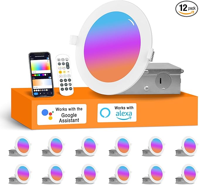 12Pack Smart LED RGB Recessed Lighting 4Inch,Color Changing Canless Downlight,2700K-6500K, 2.4GHz Wi-Fi & Bluetooth,9W 850lm,Works with Tuya App,Alexa & Google Assistant,Gateway Included