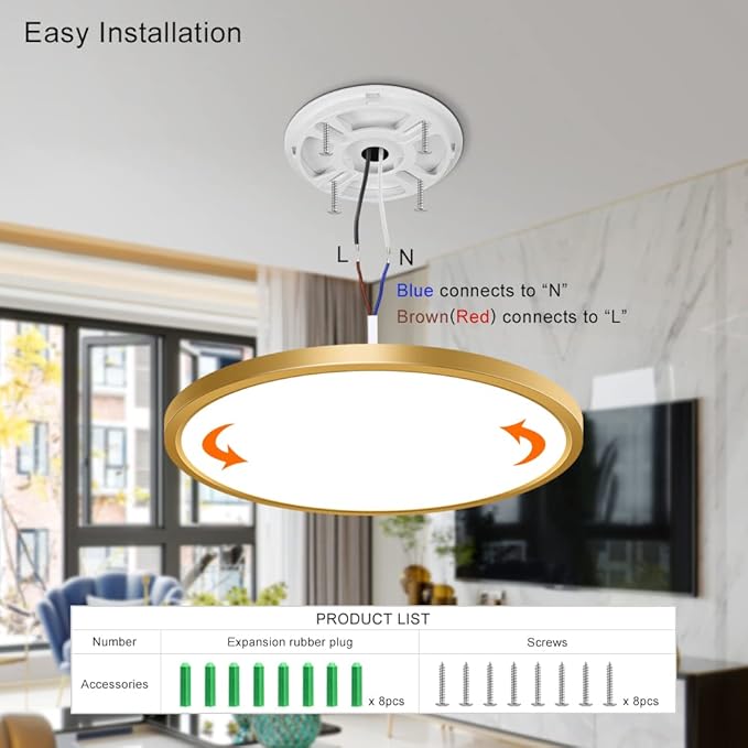 12 Inch Gold LED Ceiling Light Flush Mount, 5000K Daylight White Flat LED Ceiling Light, 24W 3200LM, Round Flat Gold Light Fixture for Bedroom, Kitchen, Hallway (2 Pack)