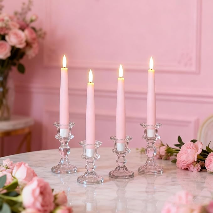 Pink Flameless Taper Candles, Spring LED Flickering Taper Candles Battery Operated with Remote Timer, 4 Pcs Flameless Candlesticks for Spring Wedding Home Decorations(D0.78” x H8.1”)