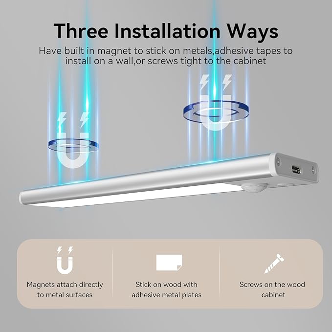 Under Cabinet Lighting, 3 Color Magnetic Motion Activated Under Cabinet Lights, Rechargeable Closet Lights 2500mAh Battery Operated, Wireless Dimmable Under Counter Lights for Kitchen,Hallway 4 Pack