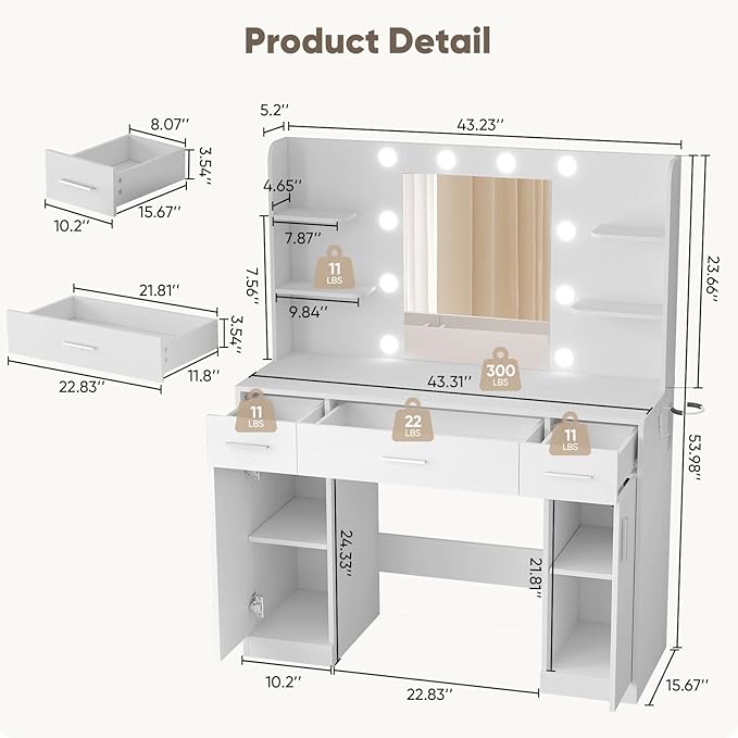 DUMOS Vanity Desk Makeup with Mirror LED Lights, White Table with Power Outlet 3 Drawer, 4 Storage Shelves & 2 Cabinets, 3 Lighting Modes & Adjustable Brightness, Dressing Tables for Bedroom