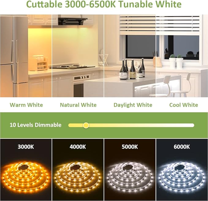 NOVOSTELLA 20ft Tunable White LED Strip Light kit Dimmable 3000K-6500K 24V LED Tape Light with Remote Flexible Rope LED Ribbon for Bedroom Home Lighting Mirror Kitchen Bar Cabinet Daylight Warm White