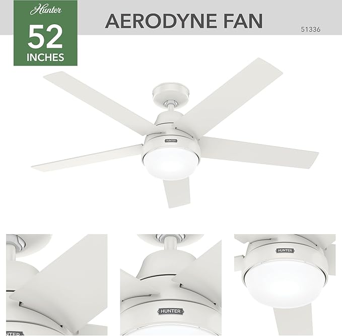 Hunter 52 inch Indoor Ceiling Fan with LED Light and Remote Control - White Modern Smart Ceiling Fan, Standard Mount, 5 Blades, For Bedroom, Living Room, or Kitchen, Quiet- Aerodyne 51336, Fresh White