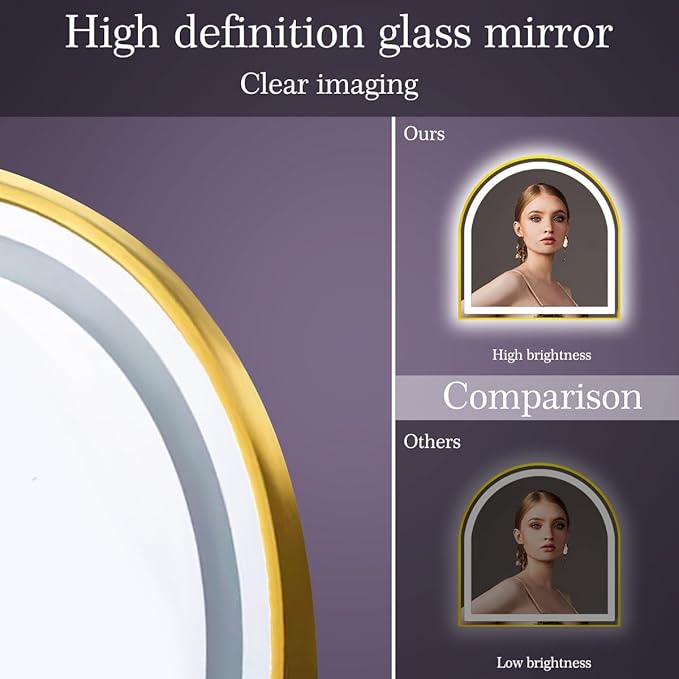 24 x 26 Inch Gold Arch LED Mirror for Bathroom Wall Makeup Desk Table Gold Arched Vanity Mirror with Lights AntiFog Smart Memory 3 Color Dimmable 26 Golden Frame Arched Lighted Vanity Mirrors