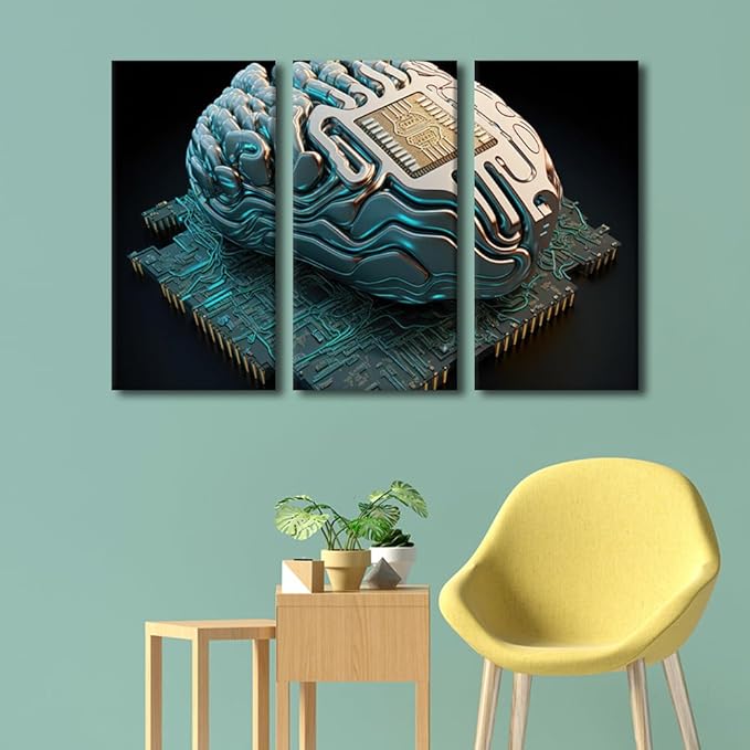 3 Panel Wall Art for Living Room, AI Pictures Print On Canvas Artwork, Computational Performance Framed Wall Art Computer Chip Canvas Posters Art Ready to Hang, 42" Wx28 H