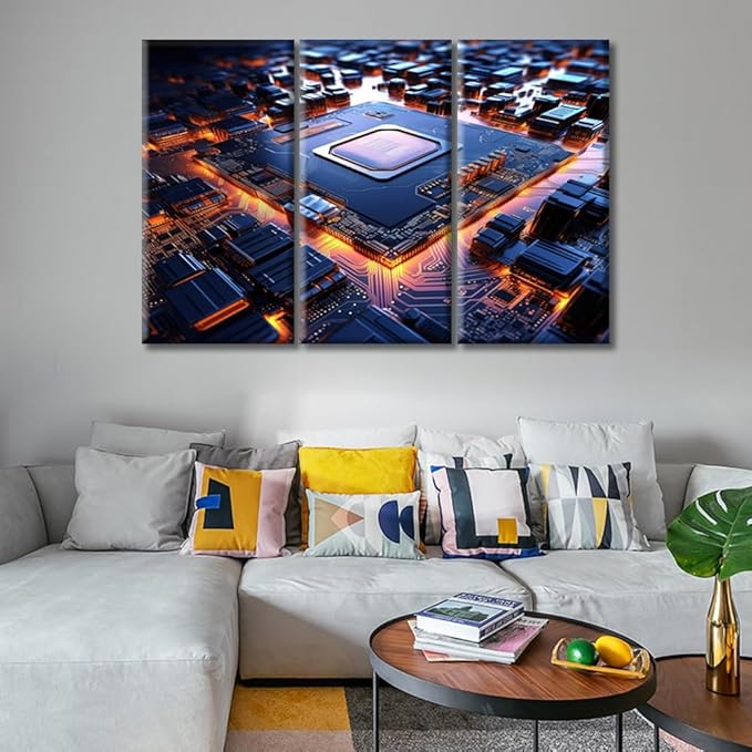 Circuit Board Pictures 3 Panels Wall Decor for Bedroom Canvas Prints 3D Technology Motherboard Posters & Prints Prints for Wall Decor Stretched and Framed Ready to Hang 60"Wx40"H