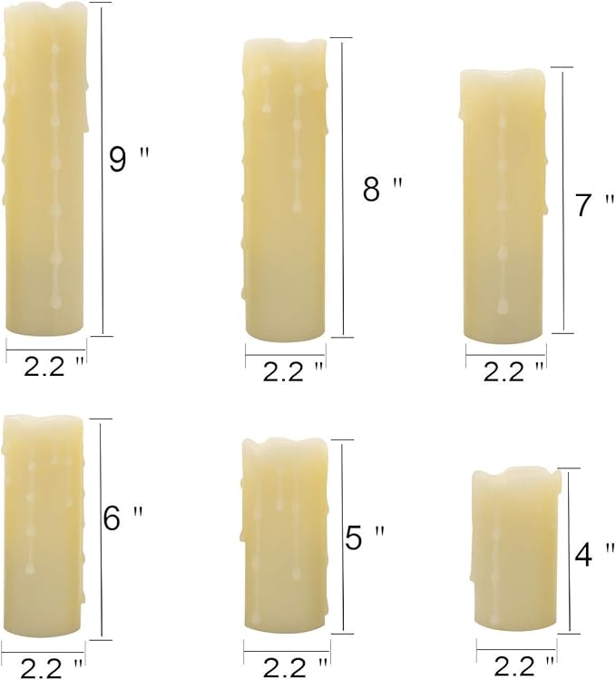 DRomance Flameless Flickering Candles Battery Operated with Remote and Timer, Set of 6 Dripping Wax LED Pillar Candles Halloween Christmas Holiday Indoor Decor(Ivory, 2.2 x 4-9 Inches)