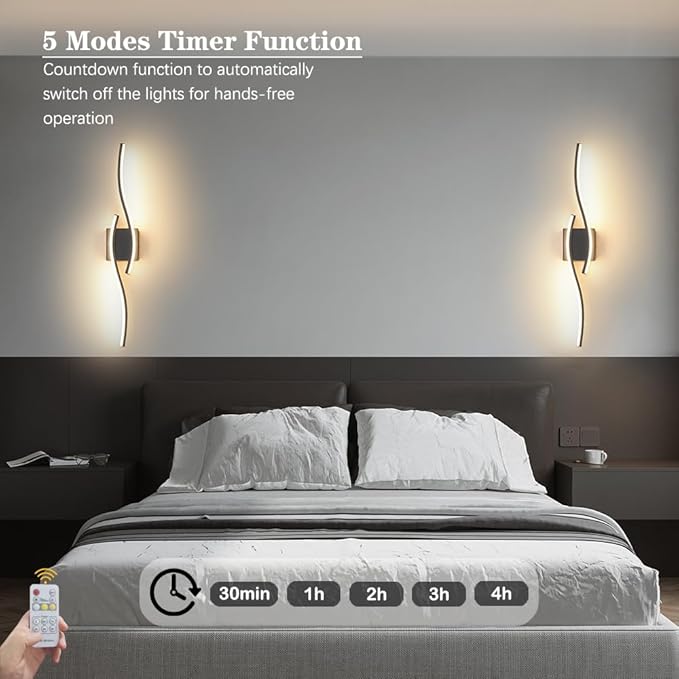 Modern Hardwired Wall Sconce Set of 2, LED Black Wall Light with Remote Control, RC Dimmable LED Wall Light Indoor, Wall Decor for Hallway Bedroom Living Room TV Wall, 27.5 in, Timer, Memory