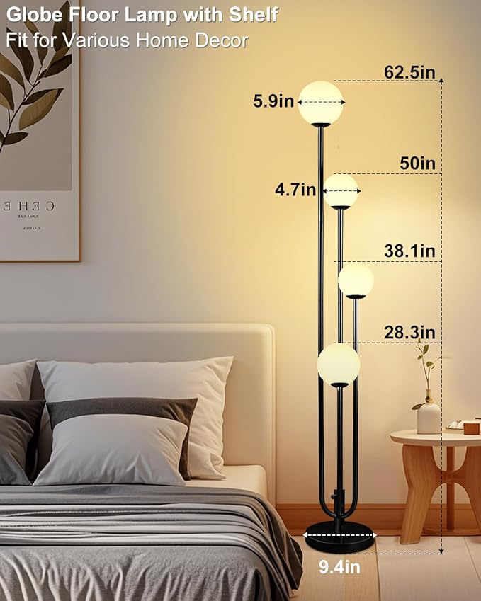 Lightdot Black Globe Floor Lamp 4-Lights Dimmable Floor Lamps with Tray 3000K Bulbs Included Unique Candle Standing Lamp for Living Room/Bedroom/Sofa Beside/Corner Decor