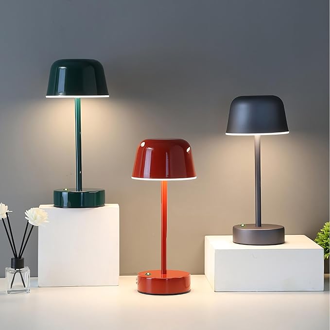 Rechargeable Table Lamp Cordless, Portable Mushroom Table Lamp with USB Port, Tri Color Dimmable Touch Lamps for Bedrooms, Nightstand, Dining Table, Living Room, Dark Green