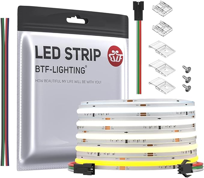 BTF-LIGHTING FCOB Addressable WS2811 IC CCT COB LED Strip Flexible High Density Uniform Chasing White Light 16.4FT DC24V Tunable 3000K-6000K CRI 90+ 576LED/m(No Adapter or Controller)