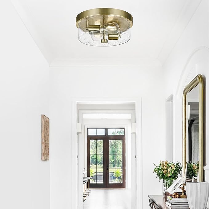 Flush Mount Ceiling Light Fixtures, 2-Light Brass Ceiling Mount for Farmhouse with Seeded Glass Lampshade, Industrial Hall Flush Mount Light Fixture for Hallway, Kitchen, Entryway, Bedroom and Foyer