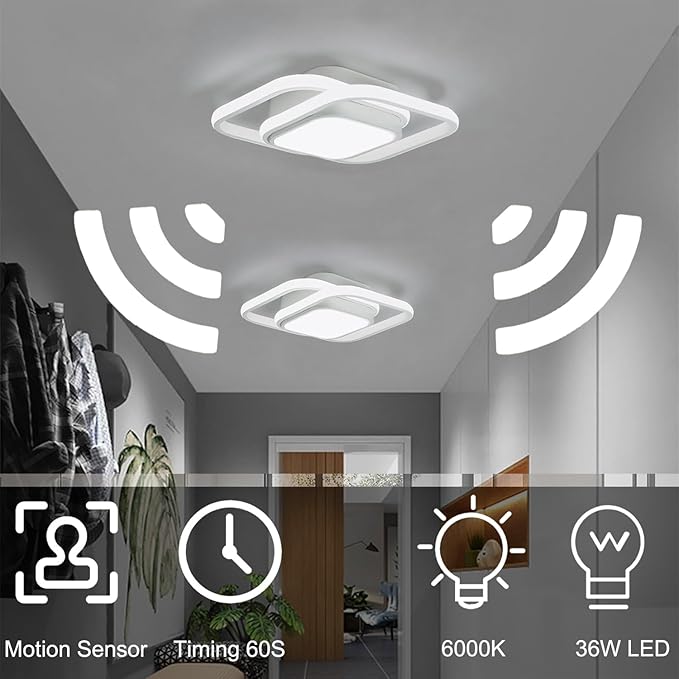 12.6Inch Motion Sensor LED Ceiling Light Indoor, 36W 6000K Mount Motion Activated Light Fixture Modern Flush Mount White Ceiling lamp for Closet Laundry Bathroom Hallway Stair Porch Basement.