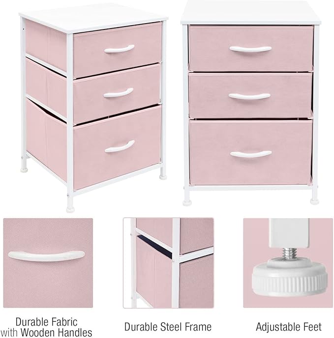 Sorbus Nightstand with 3 Drawers - Furniture Storage Chest Tower Unit for Bedroom, Hallway, Closet, Office Organization - Steel Frame, Wood Top, Pastel Fabric Bin (Pink)