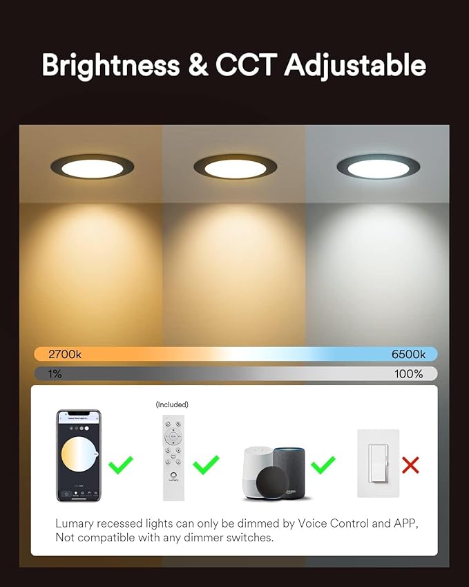 Lumary Black Smart Recessed Lighting 4 Inch, 9W 780LM Color Changing LED Downlight with J-Box, Dimmable Canless Wafer Light, Compatible with Alexa/Google Assistant/BT Remote, ETL Listed, 4 Pack