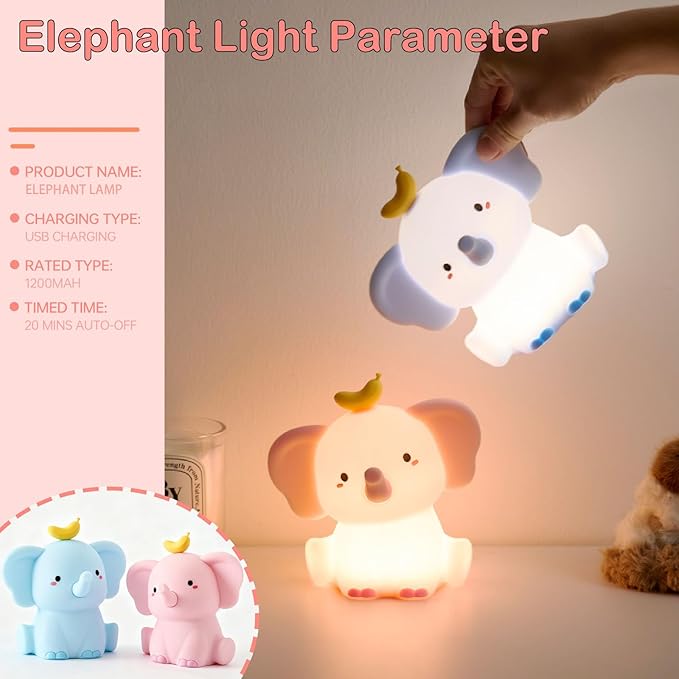 Elephant Lamp, Elephant Cute Night Light Gifts, Rechargeable Bedside Nightlight, Dimmable Squishy Silicone Animal Touch Lamp, Baby Room Decor, Small Night Light for Kids Teens Boys Girls Lovers