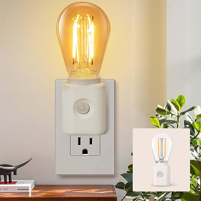 Led Night Light Bulb Plug in, 1W Vintage Nightlight, Dusk to Dawn and Motion Sensor, Warm White 2700K, 10-100LM Adjustable Brightness, Dimmable, for Hallway Bedroom Stairway, 1 Pack