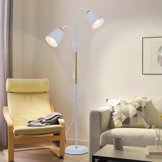 AoMck Floor Reading Lamp, Industrial Metal Floor Lamps for Living Room with Adjustable Bendable, 2 in 1 Reading Table Lamps for Living Room Bedroom Office, 12W Bulbs Included (White-2 Heads)