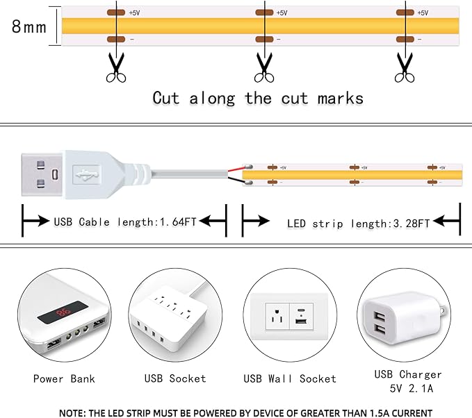 Led Strip Lights, 5V USB LED Lighting COB Short LED Strip Light White Flexible Not Dimmable led Light for Display Cabinet, Living Room,DIY Home COB Lighting Decor tv Lights (3.28FT 6500K)