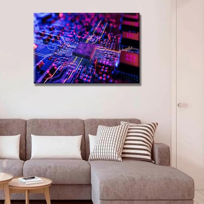 LSIUHWUWI Circuit Board CPU Processor Canvas Wall Paintings Office Decor Circuit Board Wall Decor CPU Concept Wall Art Computer Chip Home Decor Wooden Framed Ready to Hang 16X24 INCH