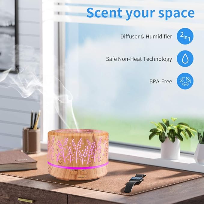 500ml Essential Oil Diffuser, Premium Aromatherapy Diffuser Humidifier with Timer and Auto-Off Safety Switch, 7 Colors Lights, Ultrasonic Cool Mist Diffuser for Home Office Room