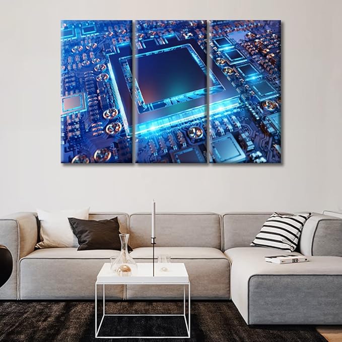 Canvas Wall Art Computer Processors CPU Wall Art for Living Room 3 Piece Modern GPU Card with Circuit and Colorful Lights Wall Decor Living Room Print on Canvas Framed Ready to Hang (60"Wx40"H)