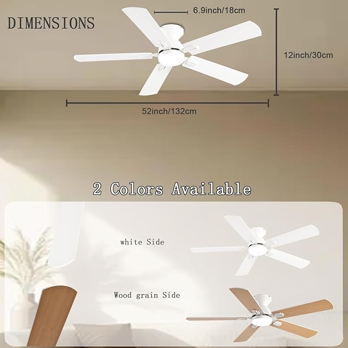 Ceiling Fans with Lights, 52 Inch Low Profile Ceiling Fan with Light and Remote, Flush Mount Ceiling Fan, 3CCT, Dimmable, Noiseless, Ceiling Light Fan for Bedroom, Indoor/Outdoor Use,White